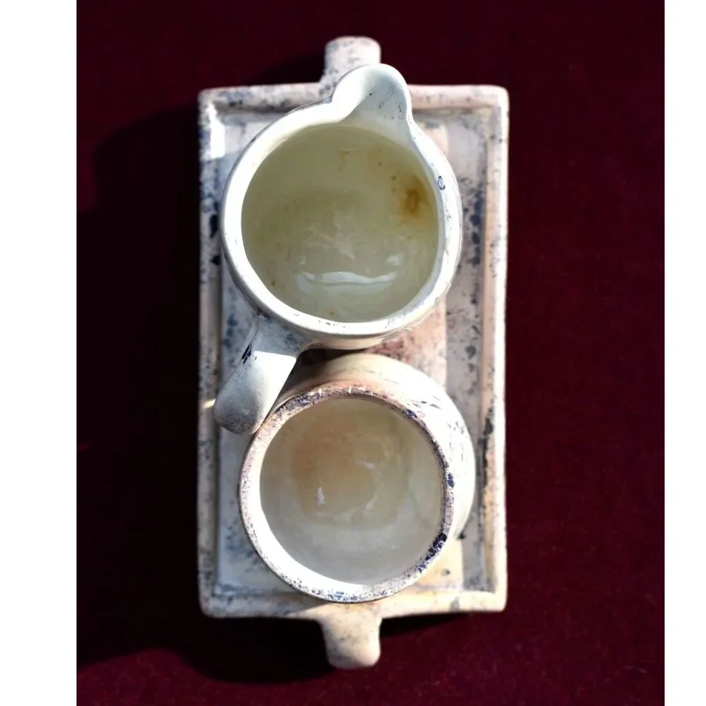 Artisan Stoneware Cream Sugar Tray Set 3 Piece Blue Speckled Wheat Design
